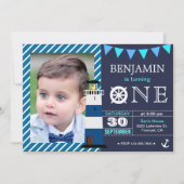 航海をテーマにした男の子の1歳の誕生日パーティーの招待状 招待状 (正面)