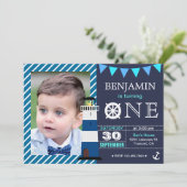 航海をテーマにした男の子の1歳の誕生日パーティーの招待状 招待状 (スタンド正面)