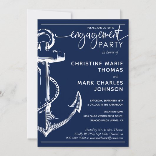 航海アンカーエンゲージパーティー結婚式 ネイビー 招待状 (正面)