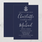 航海アンカー ネイビーブルーとホワイトのスクリプトウェディング 招待状 (正面/裏面)