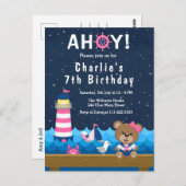 航海ガールベア ピンクとネイビー 誕生日パーティー ポストカード (正面/裏面)