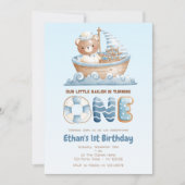 航海クマ 1歳の誕生日おめでとう - 青い船 招待状 (正面)