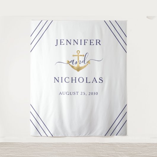 航海ゴールドアンカー結婚式フォトブース背景 タペストリー (正面)