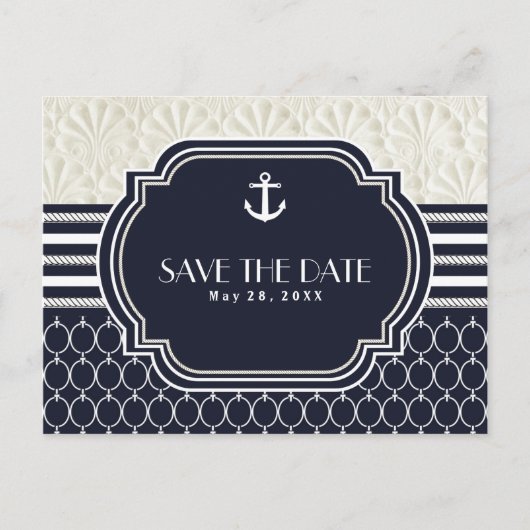 航海ネイビーと白いビーチウェディング・セーブ・ザ・デート 案内ポストカード (正面)