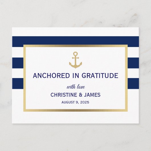 航海ネイビーブルー白ストライプ感謝結婚式 ポストカード (正面)