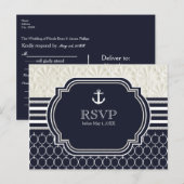 航海ネイビー＆ホワイト エレガント ビーチ ウェディング RSVP インビテーションポストカード (正面/裏面)