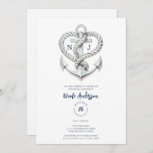 航海ハートロープアンカー沿岸ブライダルシャワー 招待状 (正面/裏面)