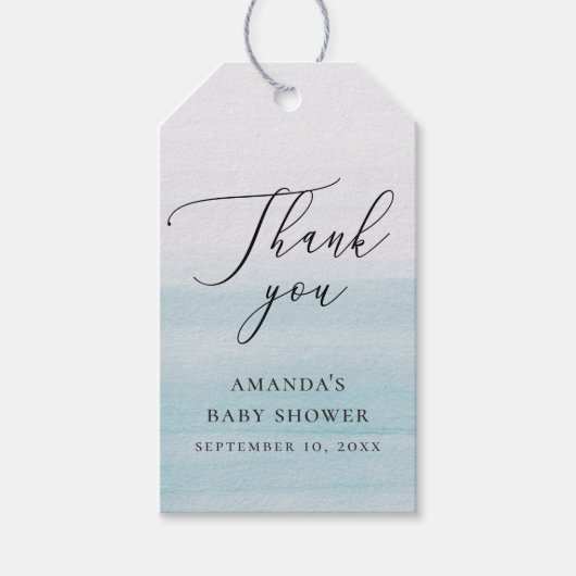航海ベイビーシャワーのお礼 | 青い水彩画 ギフトタグ (正面)