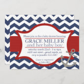 航海ベイビーシャワー招待状。ネイビーブルーと赤 招待状 (正面/裏面)