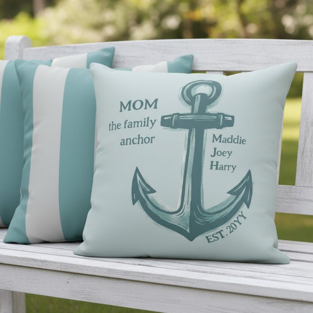 航海ママファミリーアンカーシーグリーン遺産 アウトドアクッション (Nautical Mom pillow with Family Names - perfect for mother's day, birthday or just because!)