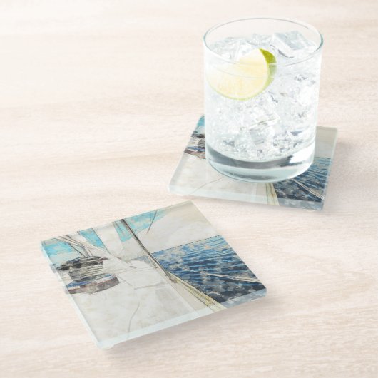 航海中の帆船サーフィンのスケッチ ガラスコースター (アングル)