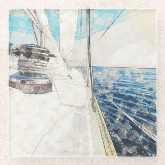 航海中の帆船サーフィンのスケッチ ガラスコースター (正面)