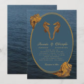 航海士のゴールドシーホースたち 海のカタツムリ ビーチウェディング 招待状 (正面/裏面)
