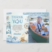 航海士の青い船の1歳誕生日写真 サンキューカード (正面)