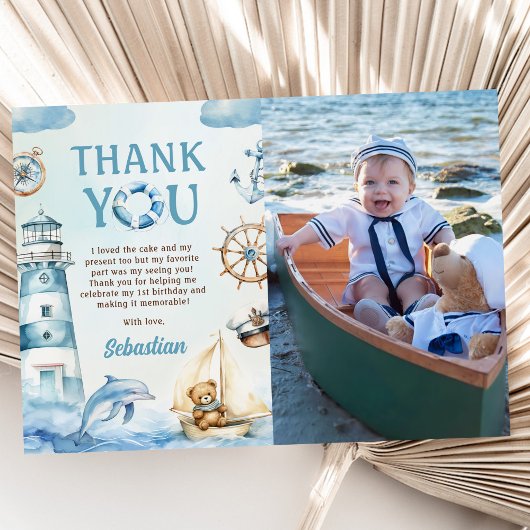 航海士の青い船の1歳誕生日写真 サンキューカード