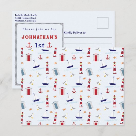 航海灯台パターン 1歳誕生日パーティー ポストカード (正面/裏面)