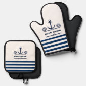 航海用ボート名、アンカー、ロープ、ネイビーブルーのストライプ 鍋つかみ&鍋敷きセット (正面/裏面)