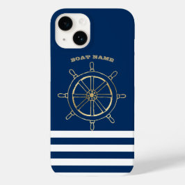 航海用品、ゴールドの船輪、ネイビーブルーのストライプ Case-Mate iPhone 14ケース