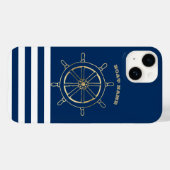 航海用品、ゴールドの船輪、ネイビーブルーのストライプ Case-Mate iPhoneケース (裏面 (横))