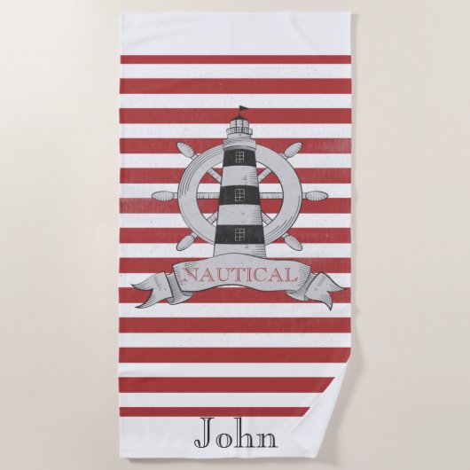 航海用,船の操舵輪,赤と白のストライプ ビーチタオル (正面)