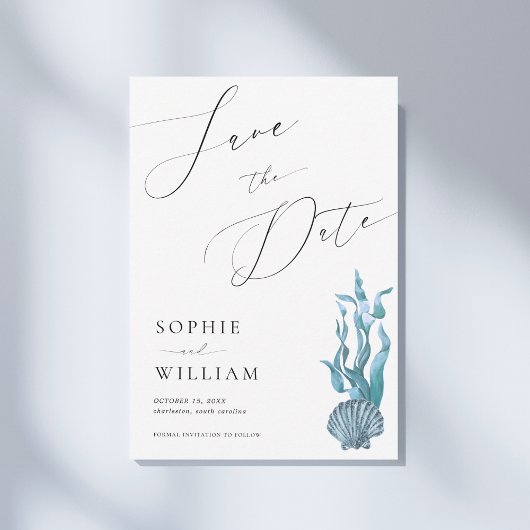 航海的な沿岸の青い貝殻の海辺の結婚式 セーブザデート
