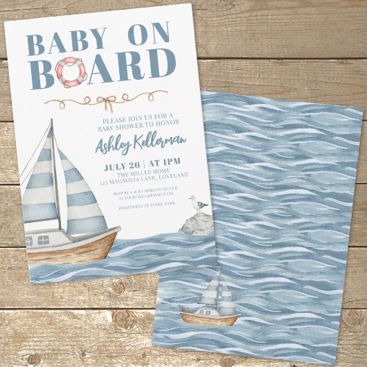 航海風の男の子のバースデー・ベビーシャワー Baby On Board Nautical Boy B 招待状