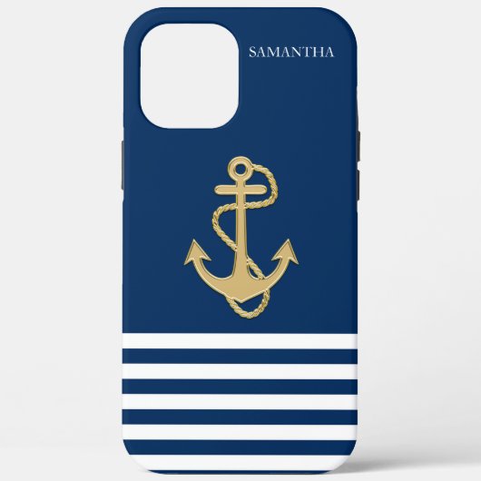 航海風ゴールドアンカーネイビーブルーストライプ Case-Mateケース Case-Mate iPhoneケース (裏面)