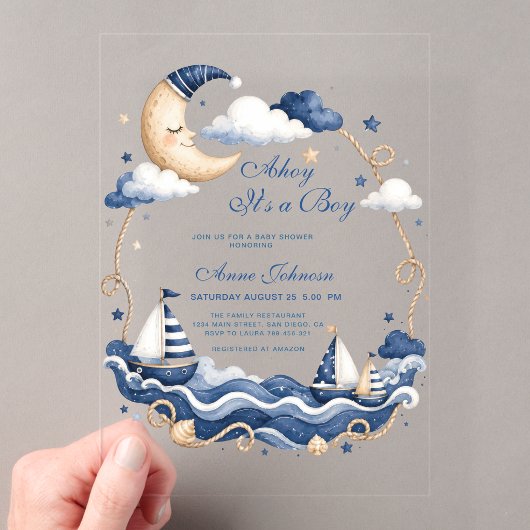 航海風「Ahoy It's a Boy」ヨットと月のお披露目 アクリル招待状