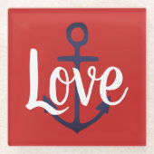 航海 アンカー + 手書き風 LOVE | ガラスコースター (正面)