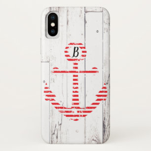 航海 アンカー 赤 ストライプ 白 木材 iPhone X ケース
