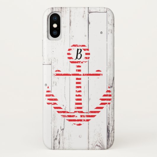 航海 アンカー 赤 ストライプ 白 木材 Case-Mate iPhoneケース (裏面)