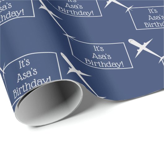 航空パーソナライズされた機子供の誕生日グレーブルー ラッピングペーパー (ロールコーナー)