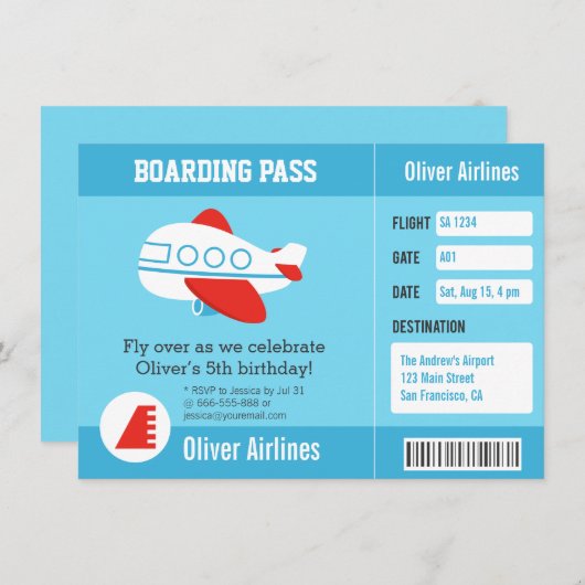 航空会社の搭乗券のバースデーパーティ招待状 招待状 (正面/裏面)