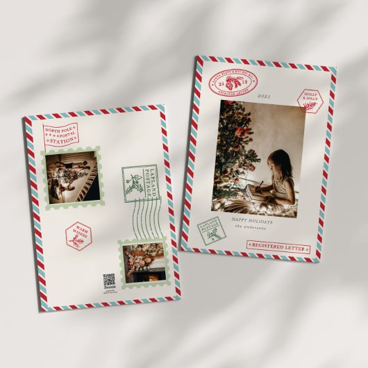 航空便かわいい3枚のフォトホリデーカード シーズンカード