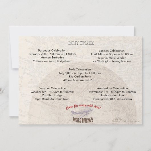 航空券のパーティーの招待の数々のな日付-カスタム 招待状 (裏面)