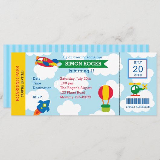 航空招待状 – 飛行機チケット招待状 招待状 (正面/裏面)