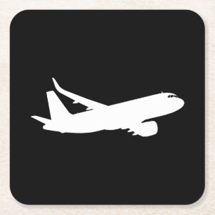航空機ジェットライナーシルエット飛んでいるブラックデコール スクエアペーパーコースター