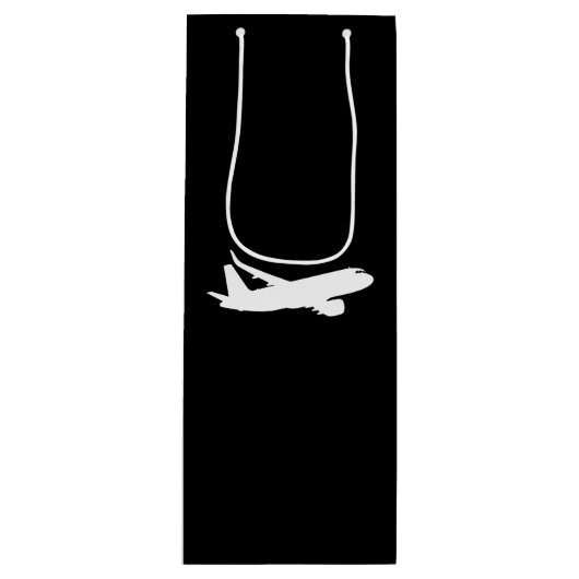 航空機ジェットライナーシルエット飛んでいるブラックデコール ワインギフトバッグ (正面)