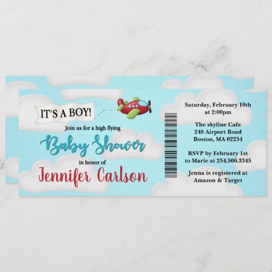 航空機搭乗券ベビーシャワー招待状 (正面/裏面)