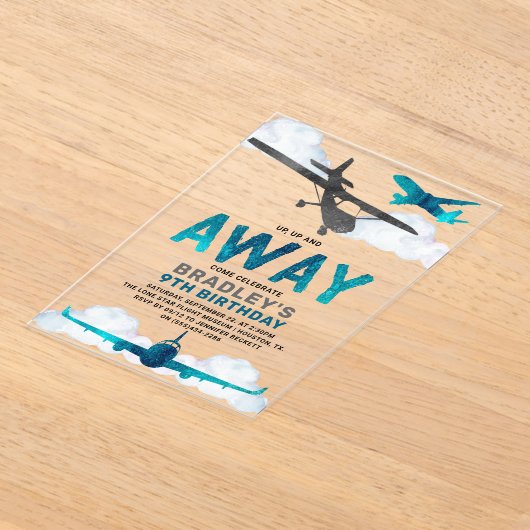 航空機航空任意の年齢の誕生日パーティー アクリル招待状 (レイダウン)