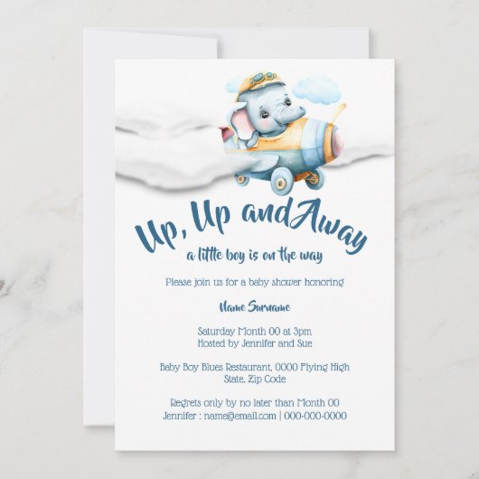 航空機象の赤ちゃんシャワーボーイズ青いサファリ 招待状 (正面)