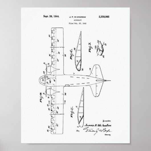 航空機1944特許芸術ホワイト紙 ポスター (正面)