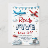 航空機 航空 5歳の誕生日 おめでとう Ready Five Take Off 招待状 (正面)