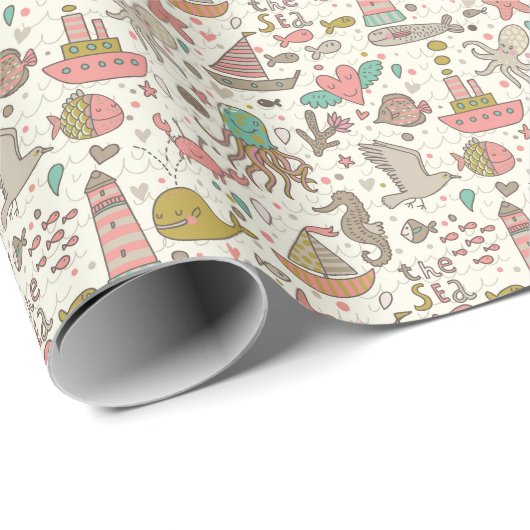 船おもしろい付き夏の模様 ラッピングペーパー (ロールコーナー)