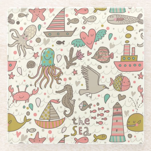 船おもしろい付夏模様 ガラスコースター (正面)