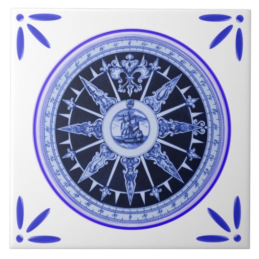船およびコンパスの海兵隊員のヴィンテージデルフト青一見 タイル (正面)
