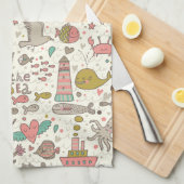 船が付いているおもしろいな夏パターン キッチンタオル (四つ折り)