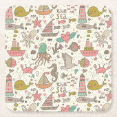 船が付いているおもしろいな夏パターン スクエアペーパーコースター (正面)