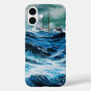 船が嵐の中で海に入る/ネイビーブルー iPhone 16 PLUSケース