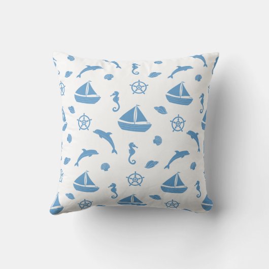 船とイルカ航海の模様ブルーホワイト クッション (裏面)